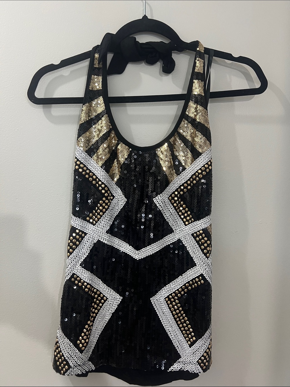 2B Bebe Black and Gold Sequin Halter Top